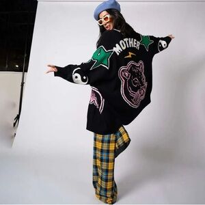 Black Graphic Sweater with Green and Pink Accents LALA “mother”